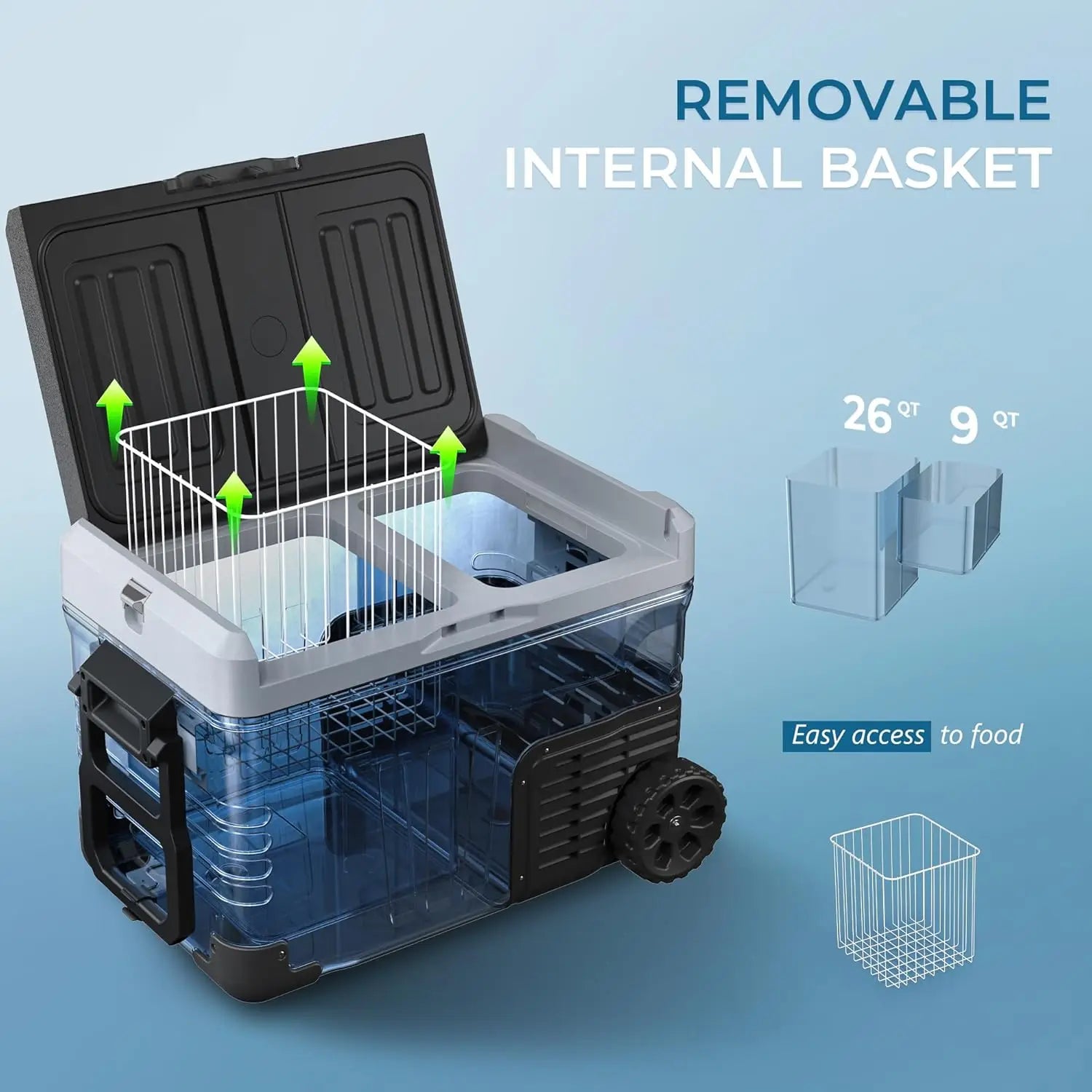 Euhomy Wholesale 45L App Controlled Electric Car Refrigerator Refrigerator Cooler with Wheels & 2 Baskets for Car