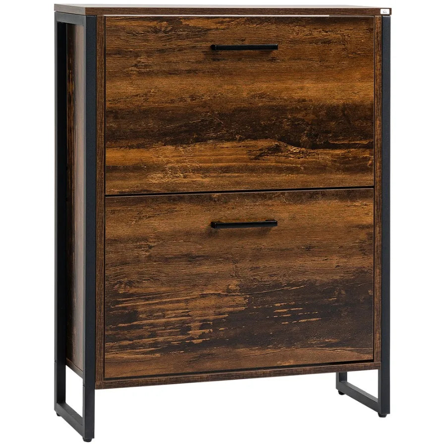 Slim Shoe Cabinet Rustic Brown 2 Flip Doors Divider Compartment Entryway Shoe Organizer