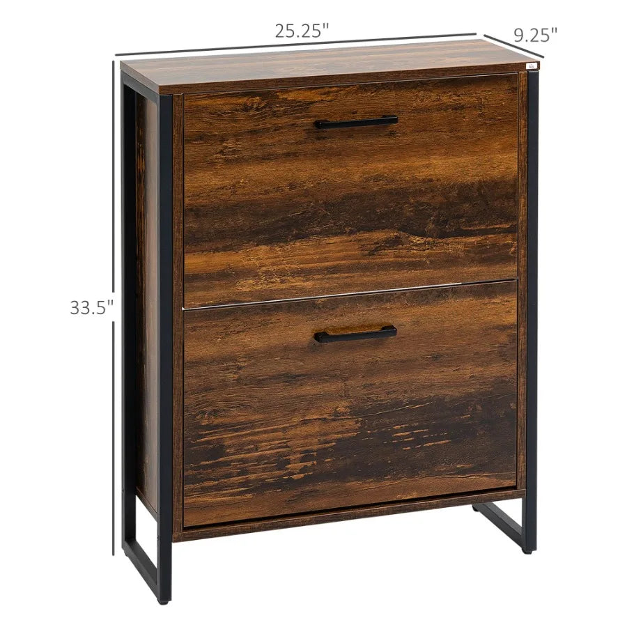 Slim Shoe Cabinet Rustic Brown 2 Flip Doors Divider Compartment Entryway Shoe Organizer