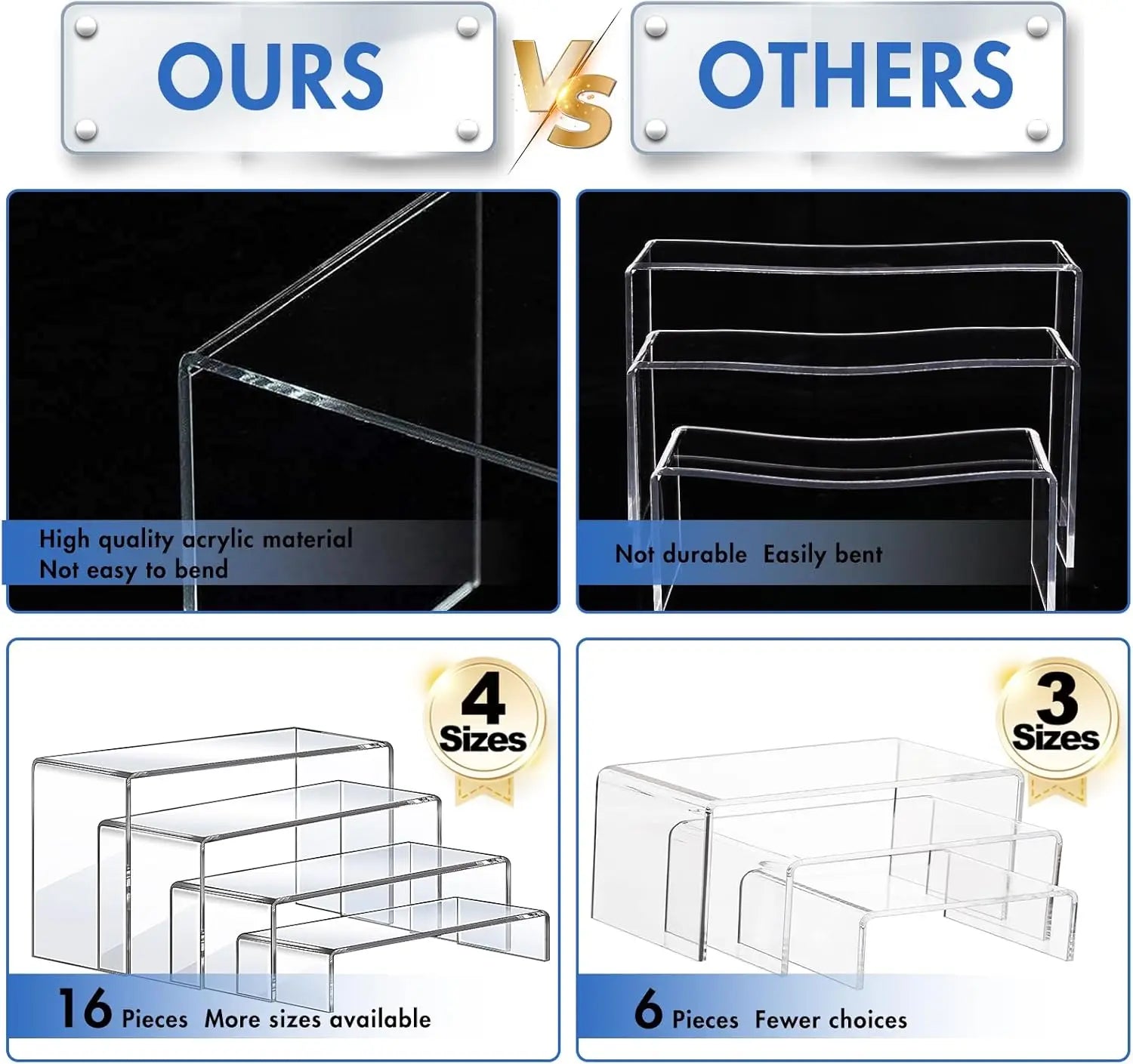 16 Pcs Acrylic Display Risers, 4 Sizes 7-9 inch, Clear Stands for Cupcake, Shoe, Candy Showcase