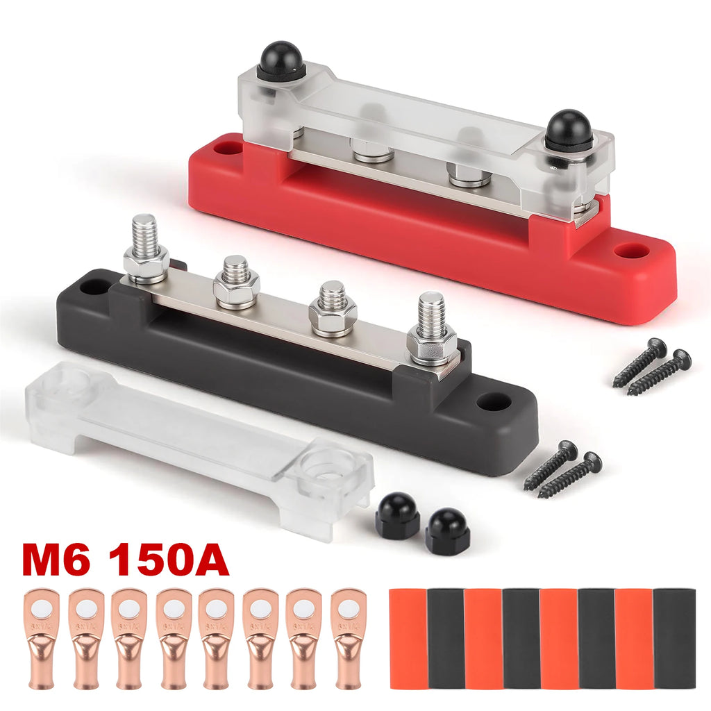 4 Post 48V 150A Power Distribution Block 1/4" M6 Stud Nickel Plated Copper Bus Bar For Marine Car RV Solar Wiring Red Terminal