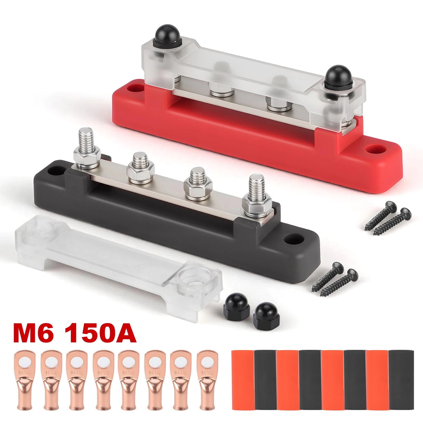 4 Post 48V 150A Power Distribution Block 1/4" M6 Stud Nickel Plated Copper Bus Bar For Marine Car RV Solar Wiring Red Terminal