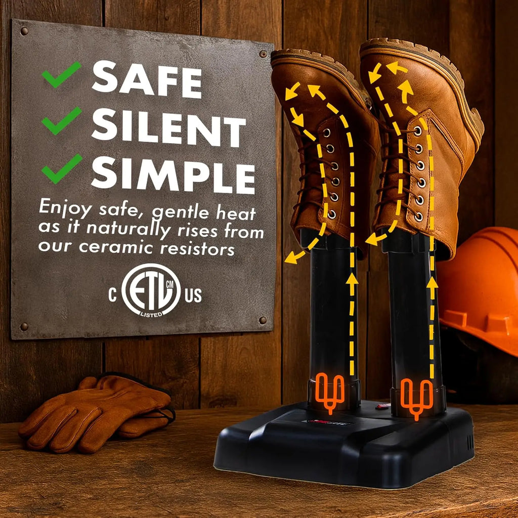 Silent Boot Dryer & Warmer for Work Boots, Gloves, Shoes - Fanless Convection Reduces Odor