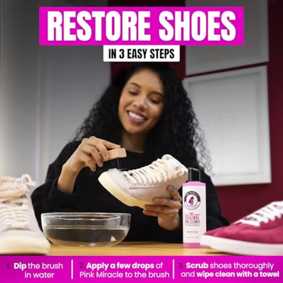Pink Miracle Shoe Cleaner Kit with Bottle and Brush For Fabric Cleaner For Leather Whites Suede and Nubuck Sneakers