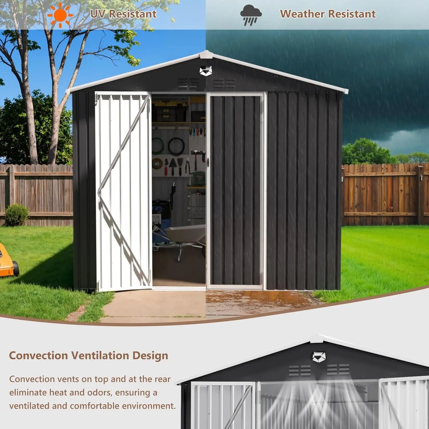 10x12 FT Metal Outdoor Storage Shed Waterproof Garden Tool Shed Lockable Doors Customizable Space Yard Organization