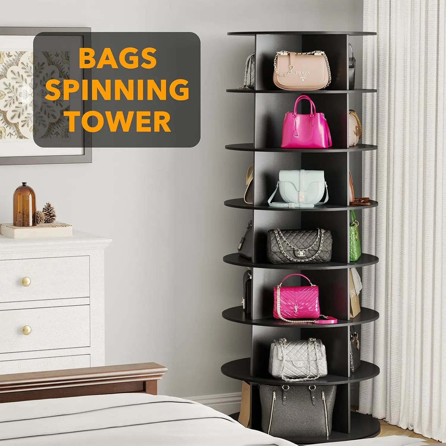7-Tier Rotating Shoe Rack Tower, 360° Spinning Storage Organizer, Space-Saving Shoe Carousel for Closet, Black
