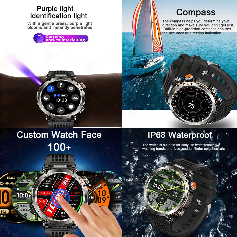 5ATM Outdoor Men‘s Smart Watch 600mAh Battery Compass Watches IP68 Waterproof Bluetooth Call Sports Smartwatch Man For Men Women