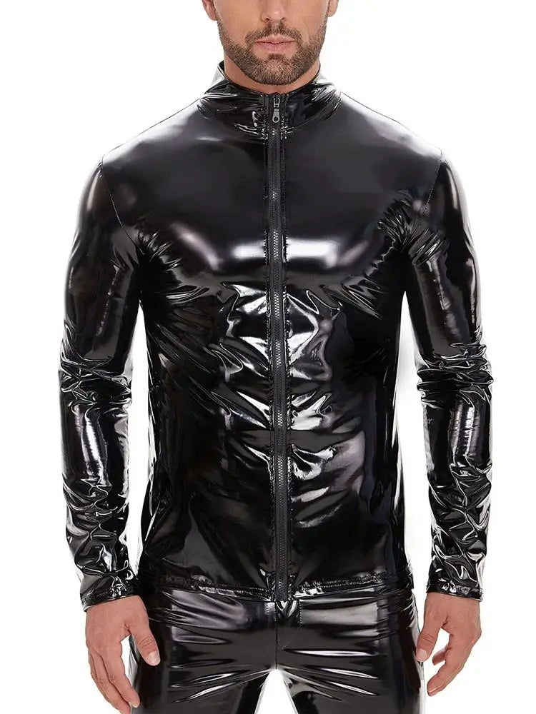 S-7XL Wet Look PVC Long Sleeve Tshirt Shiny PU Leather Motorcycle Jacket Veste Tights Zipper Casaco Jaqueta Chaqueta Hip Hop Tee