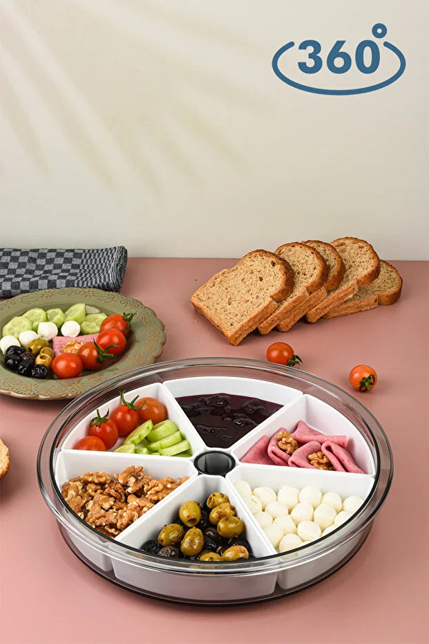 Large 6 Compartment 360 Rotating Breakfast Set Detachable Bowls Round