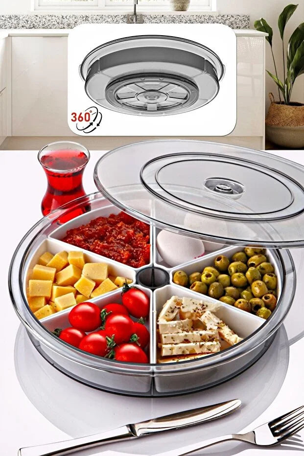 Large 6 Compartment 360 Rotating Breakfast Set Detachable Bowls Round