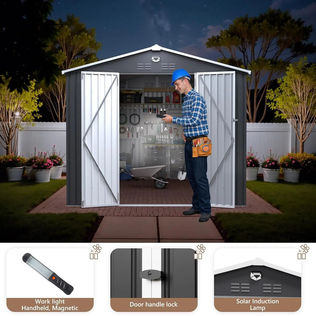 10x12 FT Metal Outdoor Storage Shed Waterproof Garden Tool Shed Lockable Doors Customizable Space Yard Organization