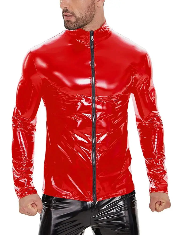 S-7XL Wet Look PVC Long Sleeve Tshirt Shiny PU Leather Motorcycle Jacket Veste Tights Zipper Casaco Jaqueta Chaqueta Hip Hop Tee