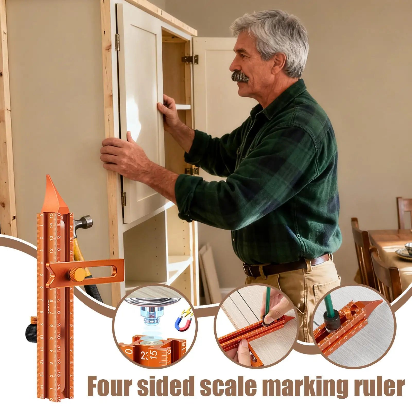 Woodworking Ruler Magnetic Base 4-Sided Tool Metal Precision Ruler For Carpenter Carpentry Construction Miter Cutting Working