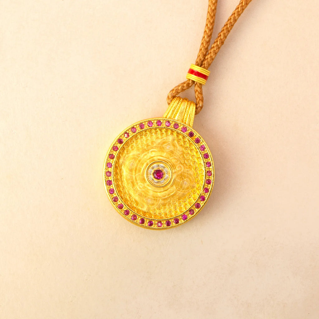 Luxurious 9999 24K real gold rotatable red stone vajra compass necklace high-end retro female pendant