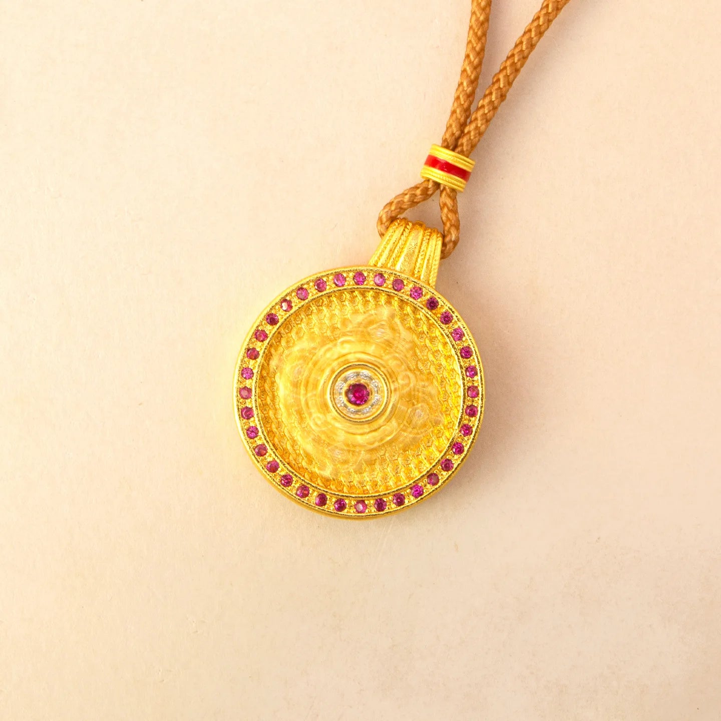 Luxurious 9999 24K real gold rotatable red stone vajra compass necklace high-end retro female pendant