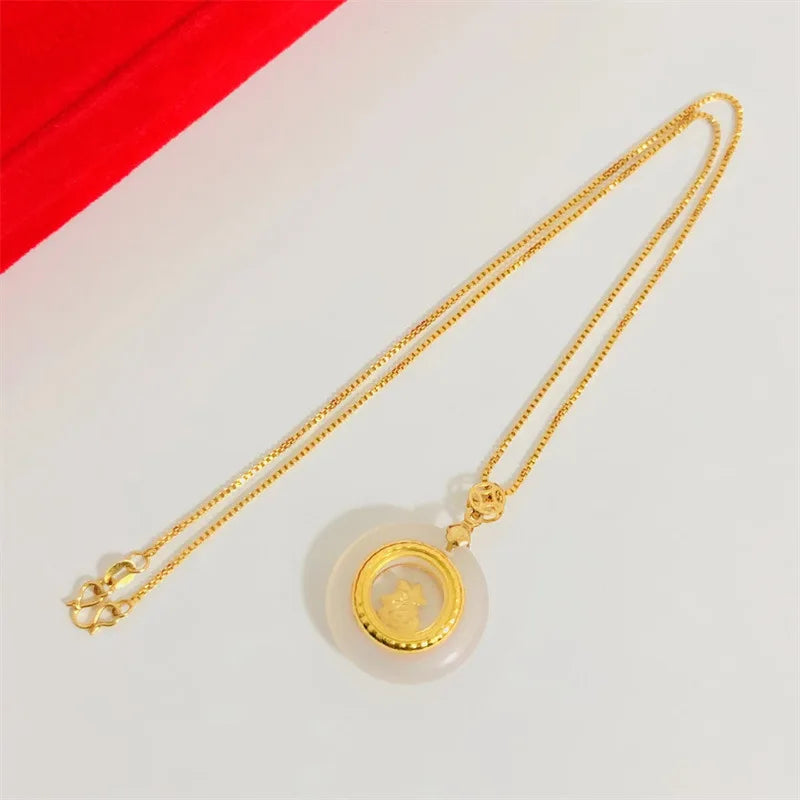 Luxury 24K real gold jewelry rotating Fuzi women's au9999 gold inlaid jade box necklace fashion