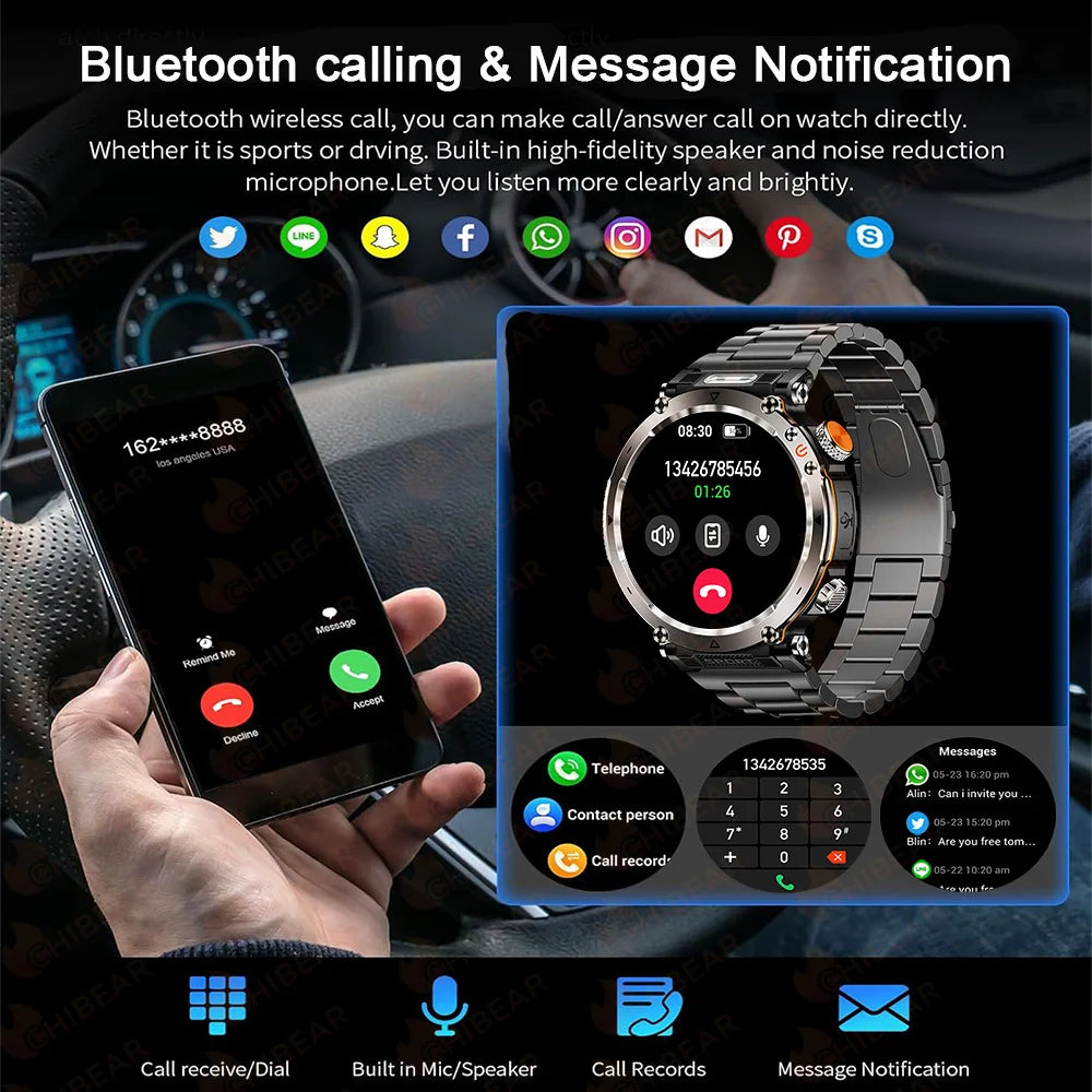 5ATM Outdoor Men‘s Smart Watch 600mAh Battery Compass Watches IP68 Waterproof Bluetooth Call Sports Smartwatch Man For Men Women