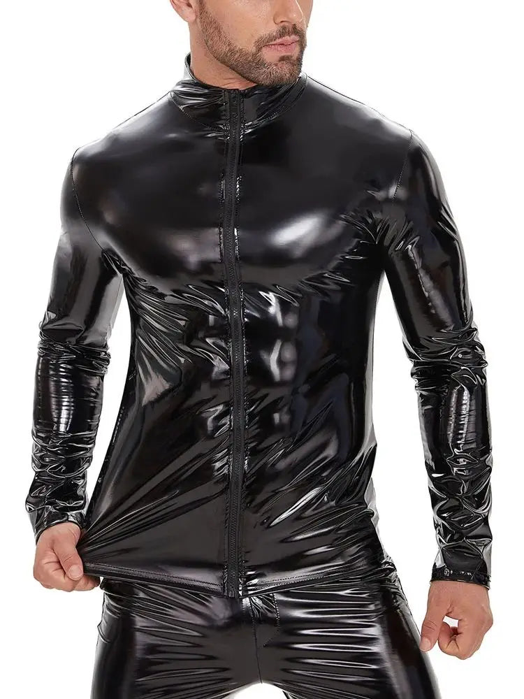 S-7XL Wet Look PVC Long Sleeve Tshirt Shiny PU Leather Motorcycle Jacket Veste Tights Zipper Casaco Jaqueta Chaqueta Hip Hop Tee