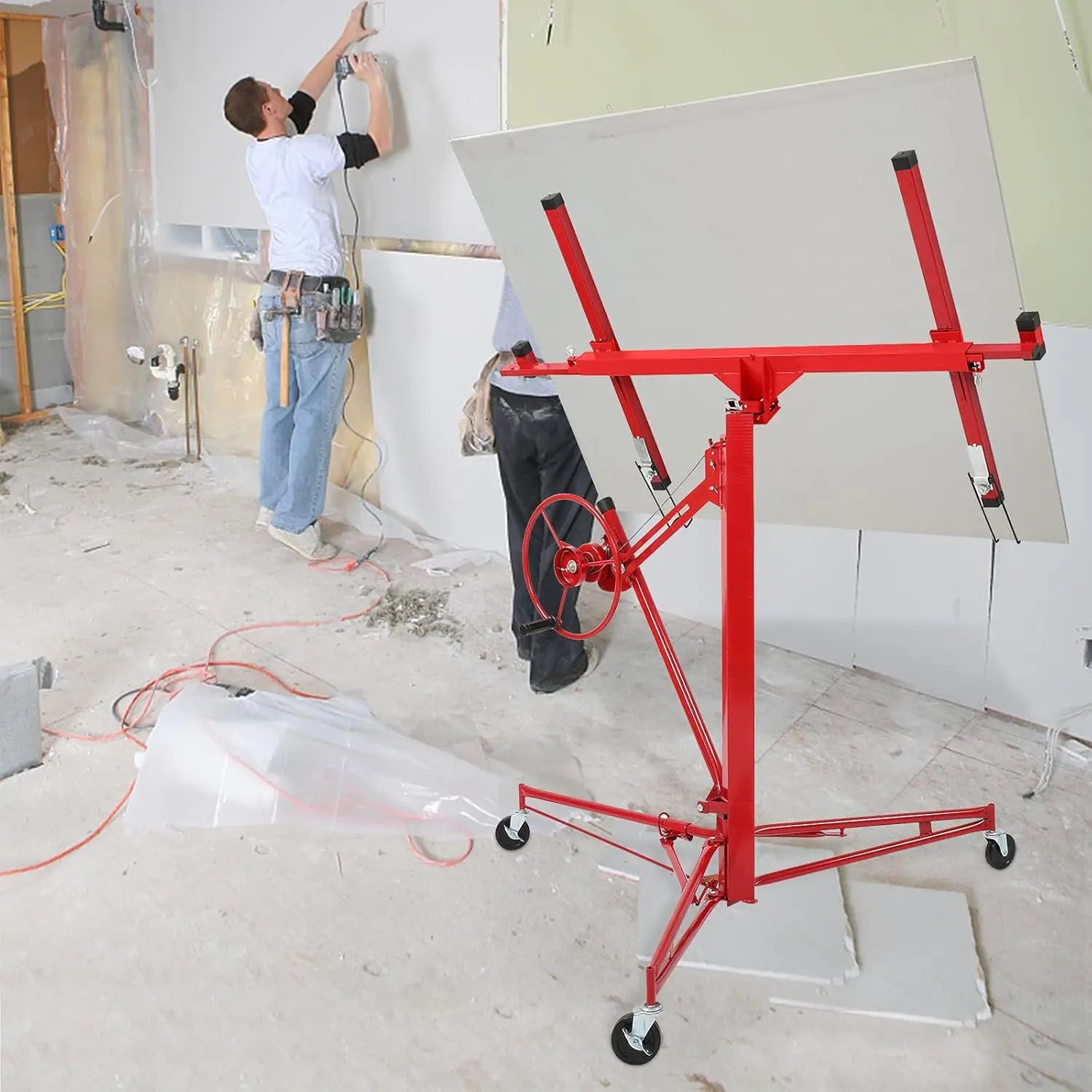 Hoist Jack Lifter Sheetrock, Drywall Lifting Construction Tools Caster Wheel with Adjustable Telescopic Arm, Red