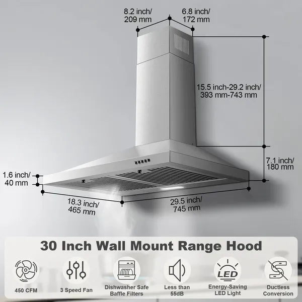 Range Hood 30 Inch, Wall Mount Range Hood Ducted/Ductless, Kitchen