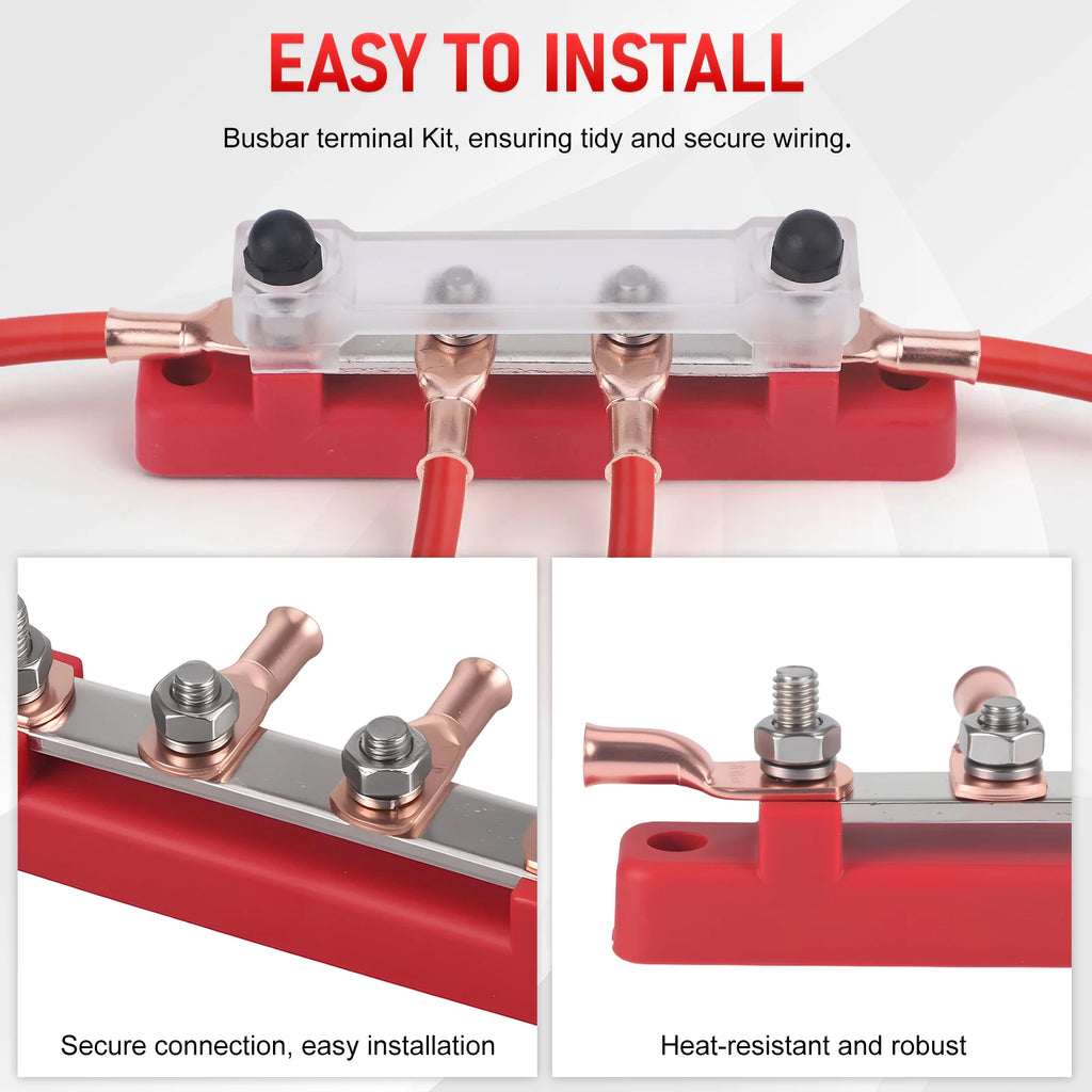 4 Post 48V 150A Power Distribution Block 1/4" M6 Stud Nickel Plated Copper Bus Bar For Marine Car RV Solar Wiring Red Terminal