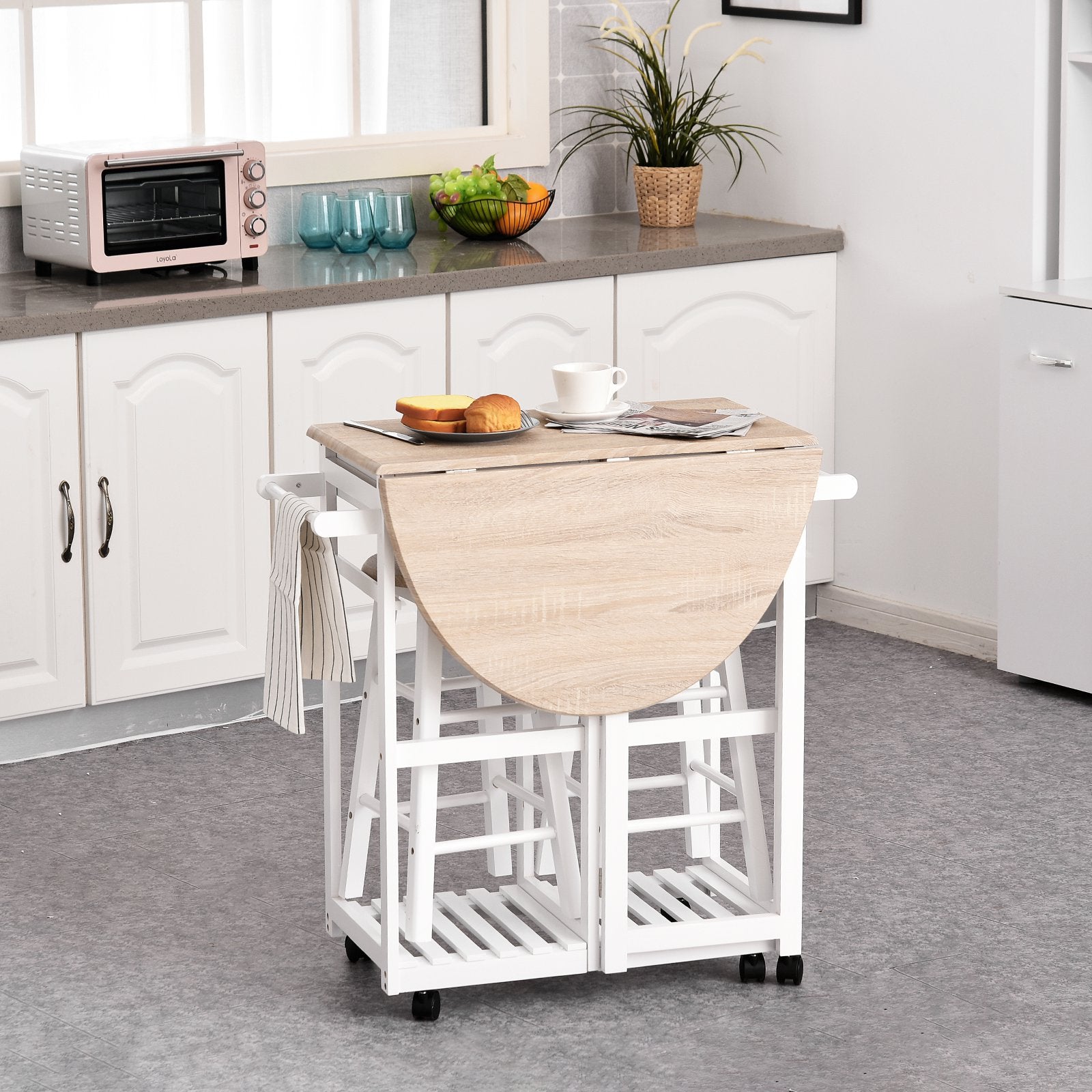 HOMCOM 3 Pieces Kitchen Cart Set Drop Leaf Breakfast Table with 2