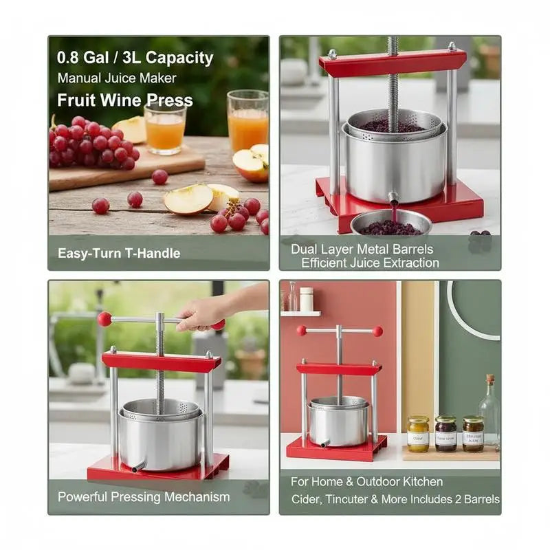 3L Manual Juice Extractor 0.8 Gallon For Home Kitchen Orchard Vineyard, Double Barrels Cider Press Apple Grape Tincture Honey Olive Oil Making Tool T-Handle Operation Silver Color Professional Grade Metal Construction