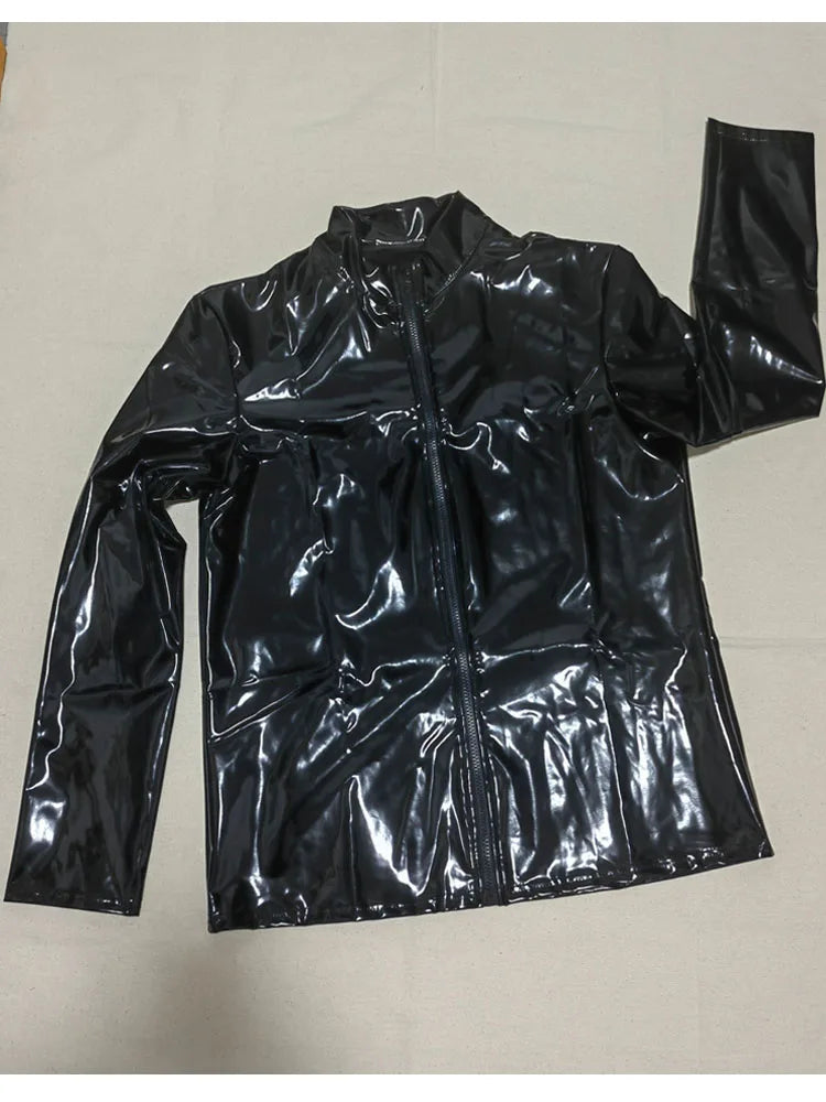 S-7XL Wet Look PVC Long Sleeve Tshirt Shiny PU Leather Motorcycle Jacket Veste Tights Zipper Casaco Jaqueta Chaqueta Hip Hop Tee