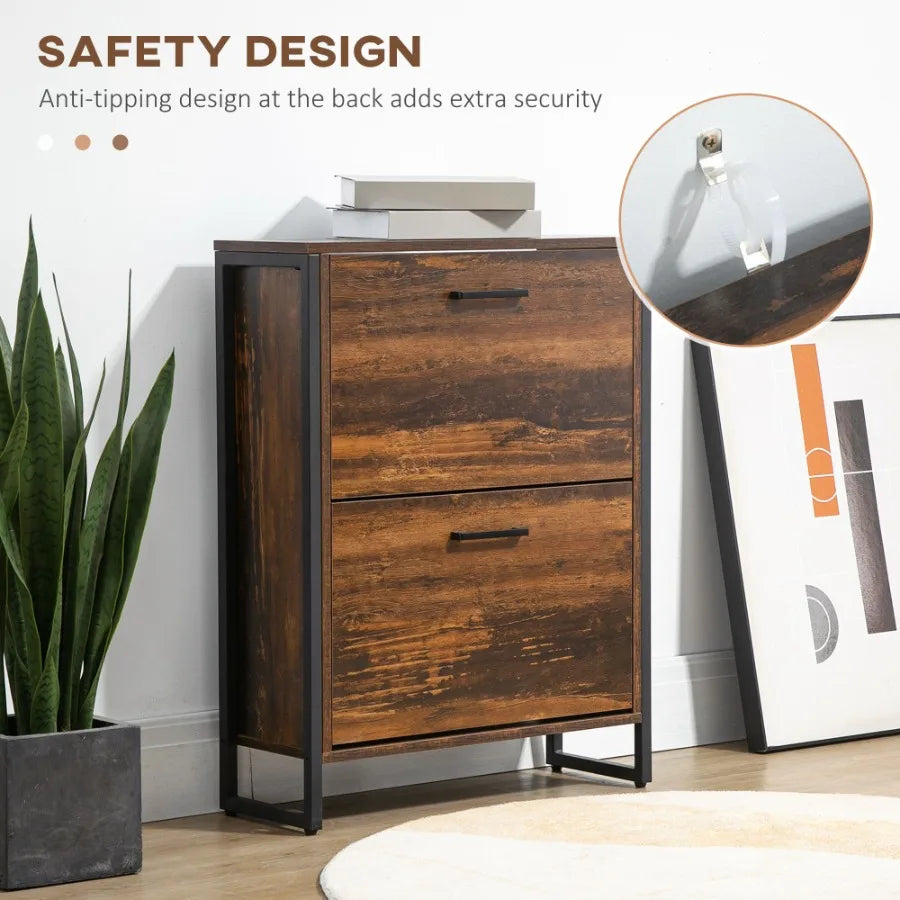 Slim Shoe Cabinet Rustic Brown 2 Flip Doors Divider Compartment Entryway Shoe Organizer