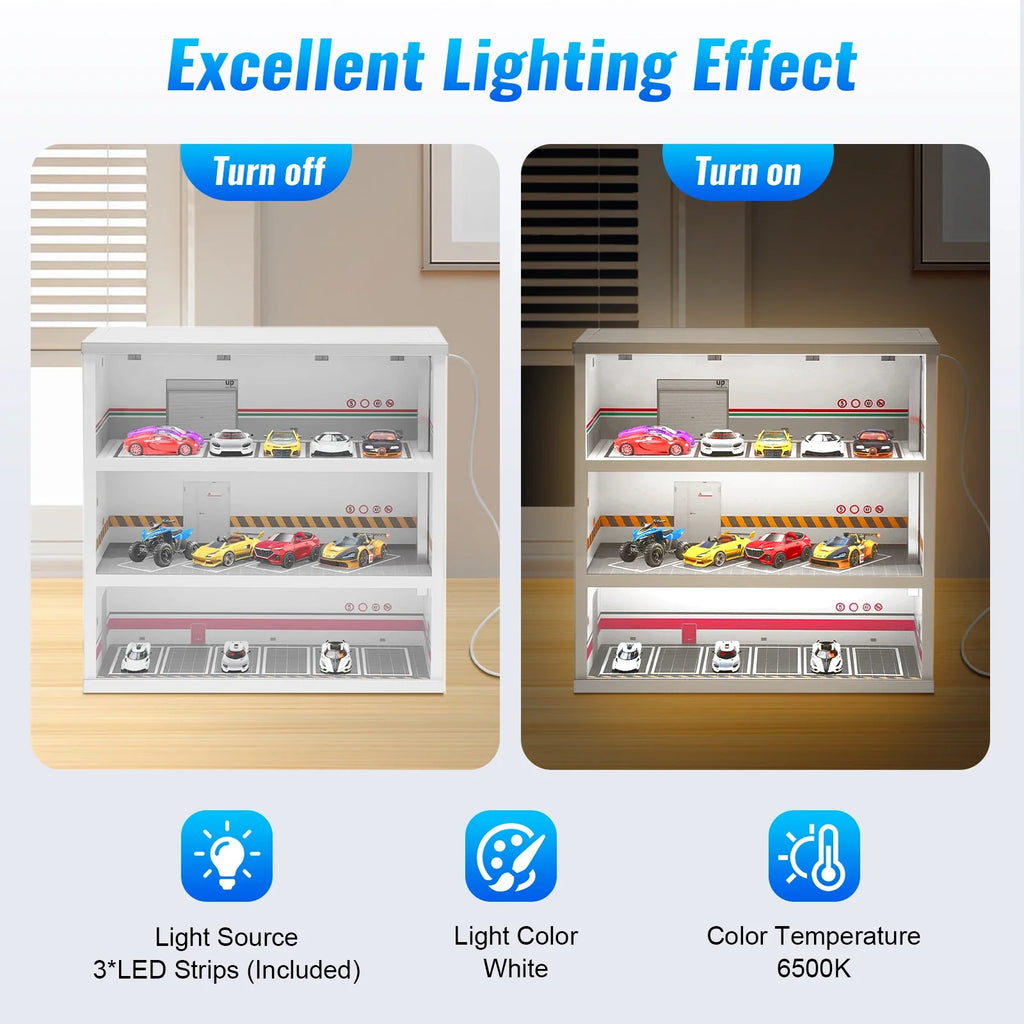 3-Layer Model Car Display Case Garage Display Cabinet 1: 64 Diecast Model Car Display Case W/ LED Light