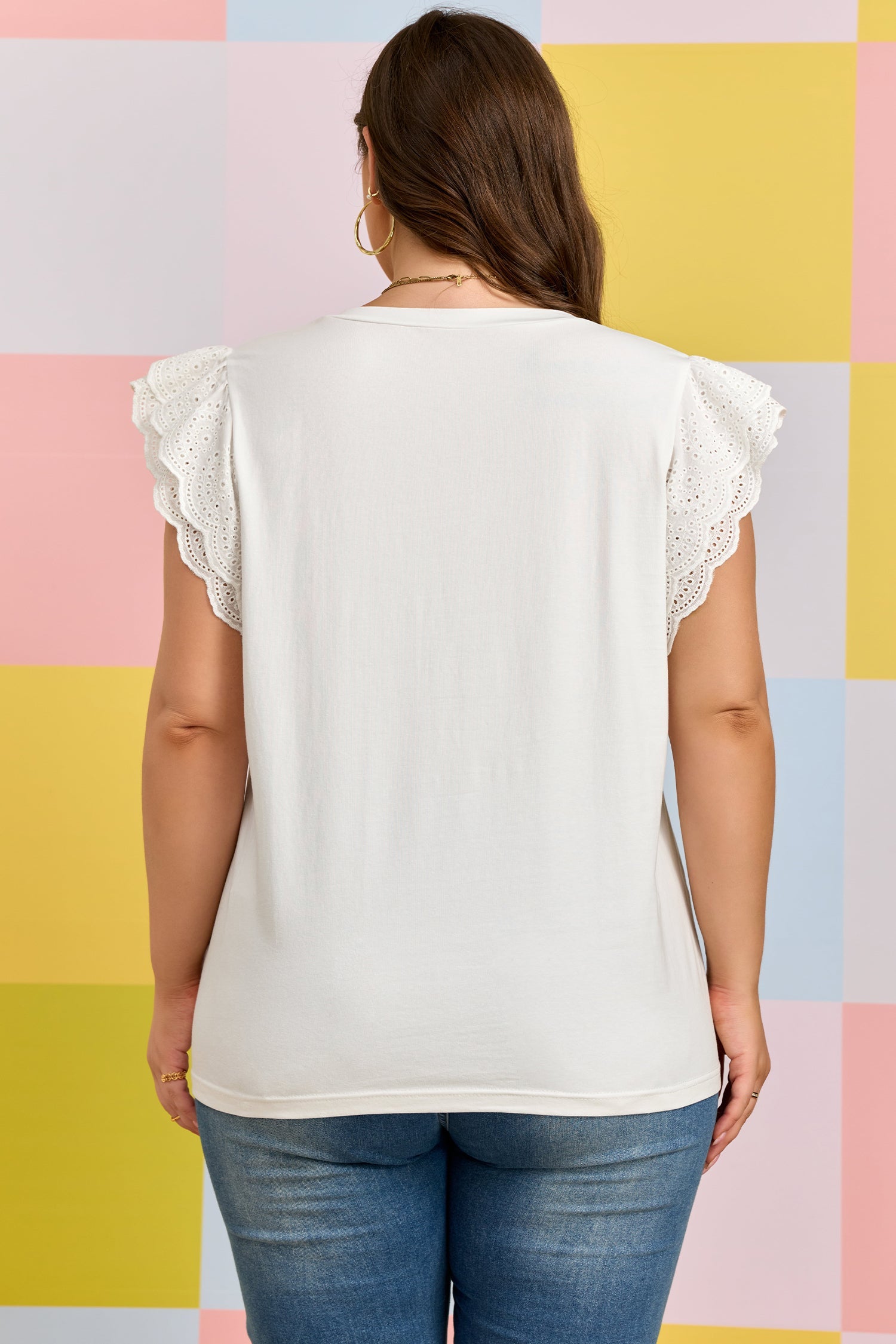 Plus Size Embroidered Eyelet Patchwork Short Sleeve Tee