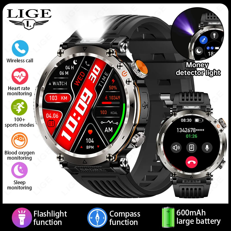 LIGE New Outdoor Men‘s Smart Watch 600mAh Battery Compass Watches IP68 Waterproof Bluetooth Call Sports Smartwatch For Men Women