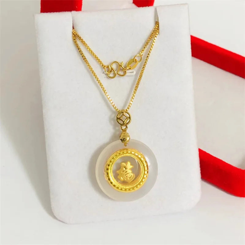 Luxury 24K real gold jewelry rotating Fuzi women's au9999 gold inlaid jade box necklace fashion
