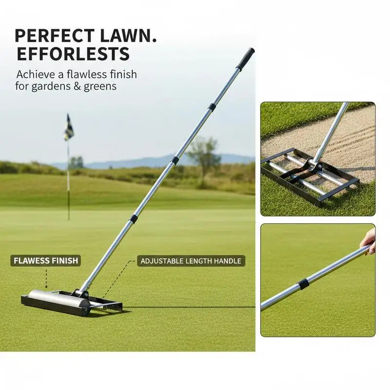 Ground Leveling Tool 17" x 10" For Yard Golf Course Garden, Roller Design Adjustable Handle Heavy Duty Steel Metal Construction