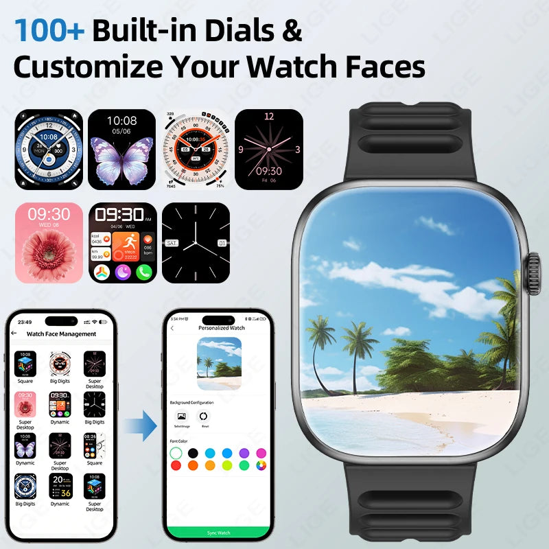 LIGE Smart Watch Man 1.83” HD Screen Custom Watch Face Women’s Health Monitor Watch Bluetooth Call Sports Smartwatches Fashion