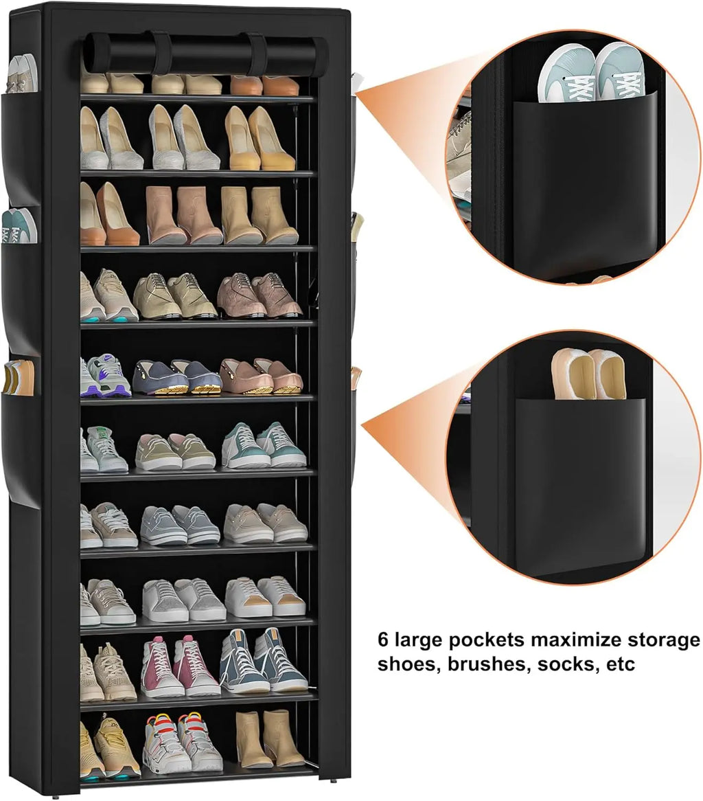 Tall Shoe Rack 10 Tier 36-41 Pairs Black with Side Pockets