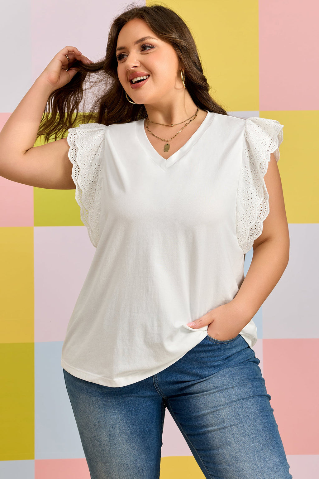 Plus Size Embroidered Eyelet Patchwork Short Sleeve Tee