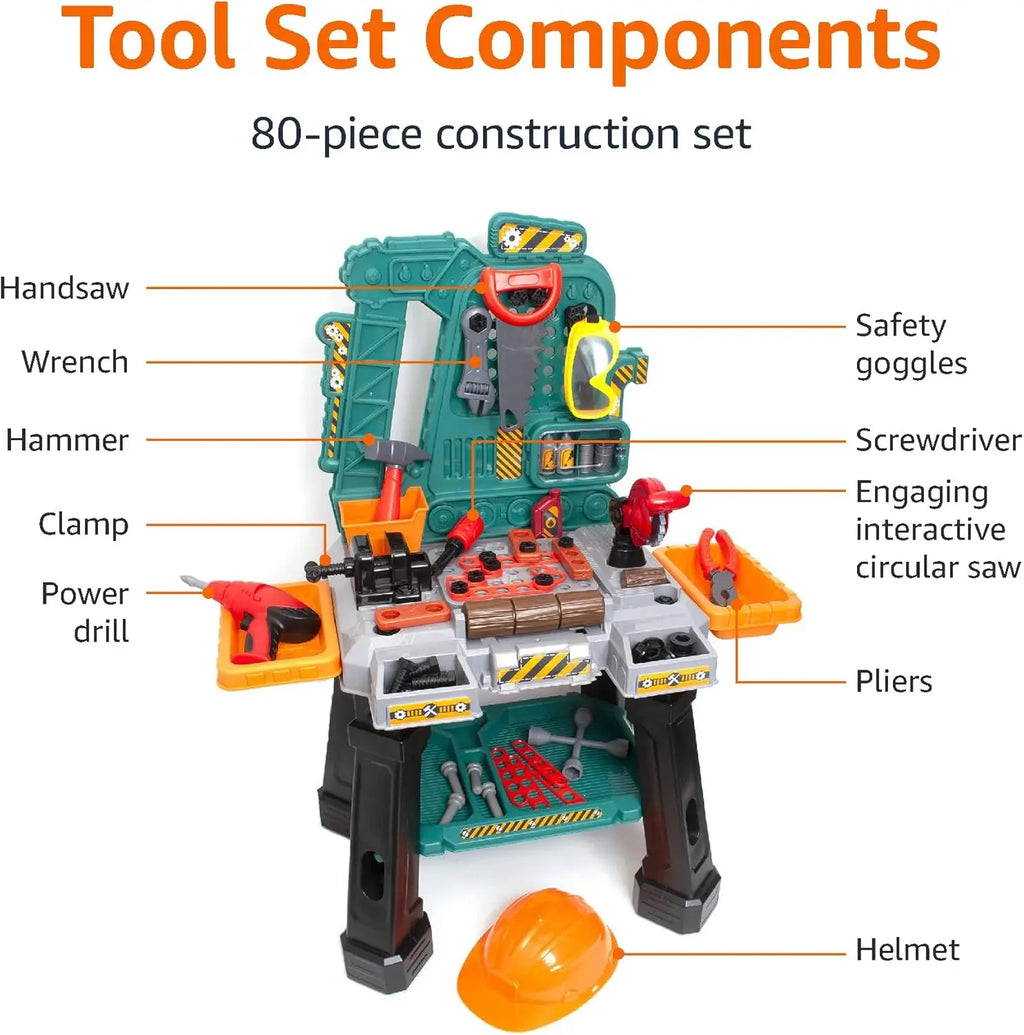Kids Construction Toy Tool Set with 80 Pieces, Play Helmet & Goggles, for Ages 3+, Multicolor