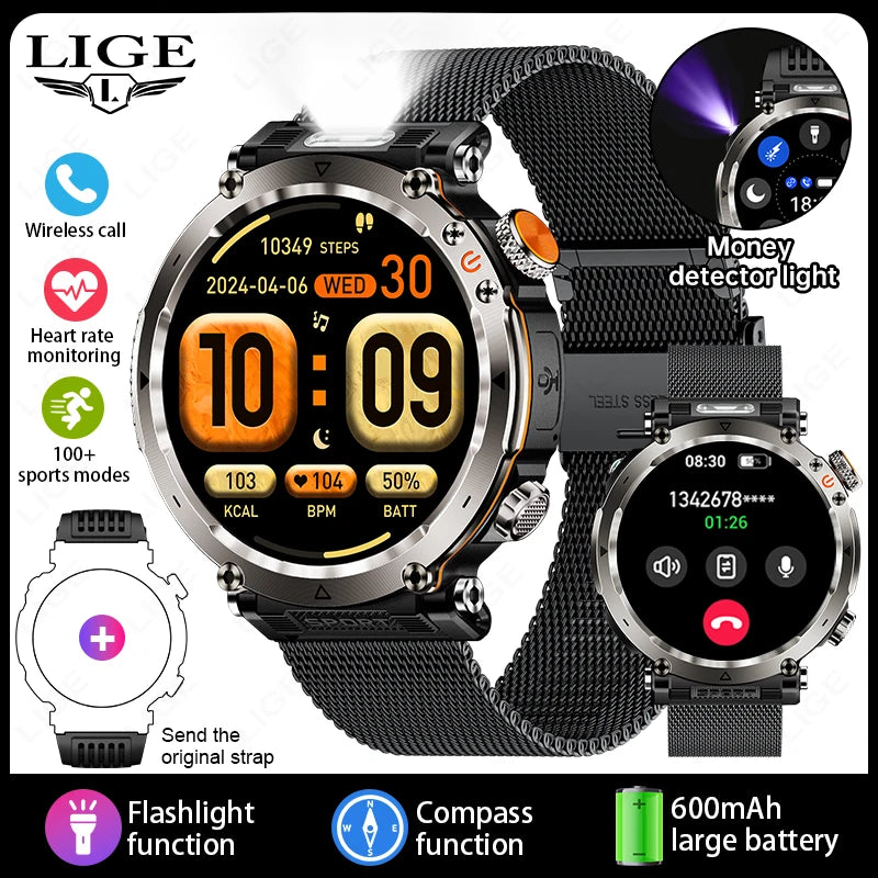 LIGE New Outdoor Men‘s Smart Watch 600mAh Battery Compass Watches IP68 Waterproof Bluetooth Call Sports Smartwatch For Men Women
