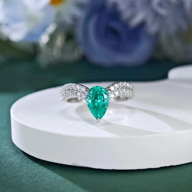 Elnar Jewelry 1.5Ct 6*9mm Pear Cut Green Artificial Gem Ring Solid 925 Sterling Silver Jewelry Wedding Ring HR273
