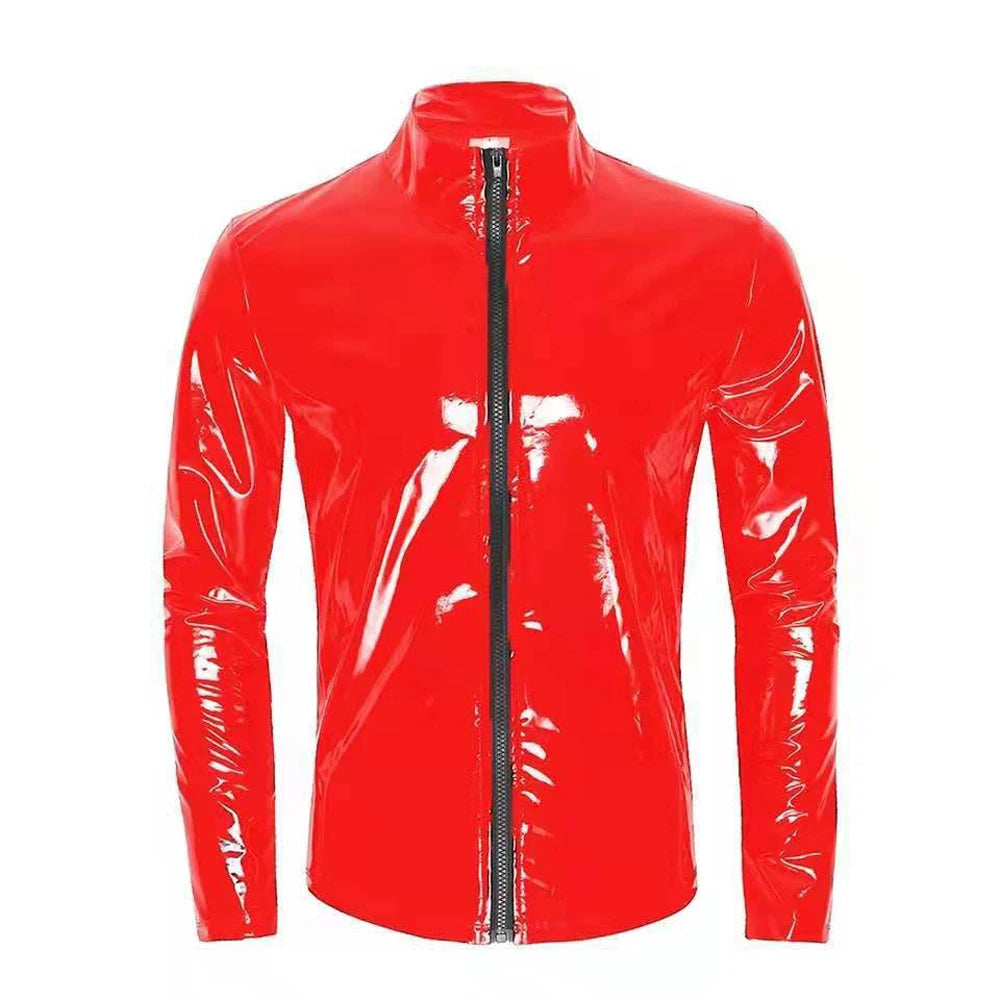 S-7XL Wet Look PVC Long Sleeve Tshirt Shiny PU Leather Motorcycle Jacket Veste Tights Zipper Casaco Jaqueta Chaqueta Hip Hop Tee