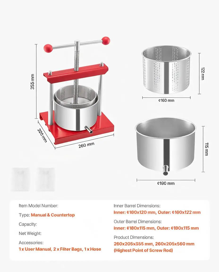 3L Manual Juice Extractor 0.8 Gallon For Home Kitchen Orchard Vineyard, Double Barrels Cider Press Apple Grape Tincture Honey Olive Oil Making Tool T-Handle Operation Silver Color Professional Grade Metal Construction