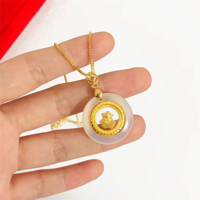 Luxury 24K real gold jewelry rotating Fuzi women's au9999 gold inlaid jade box necklace fashion