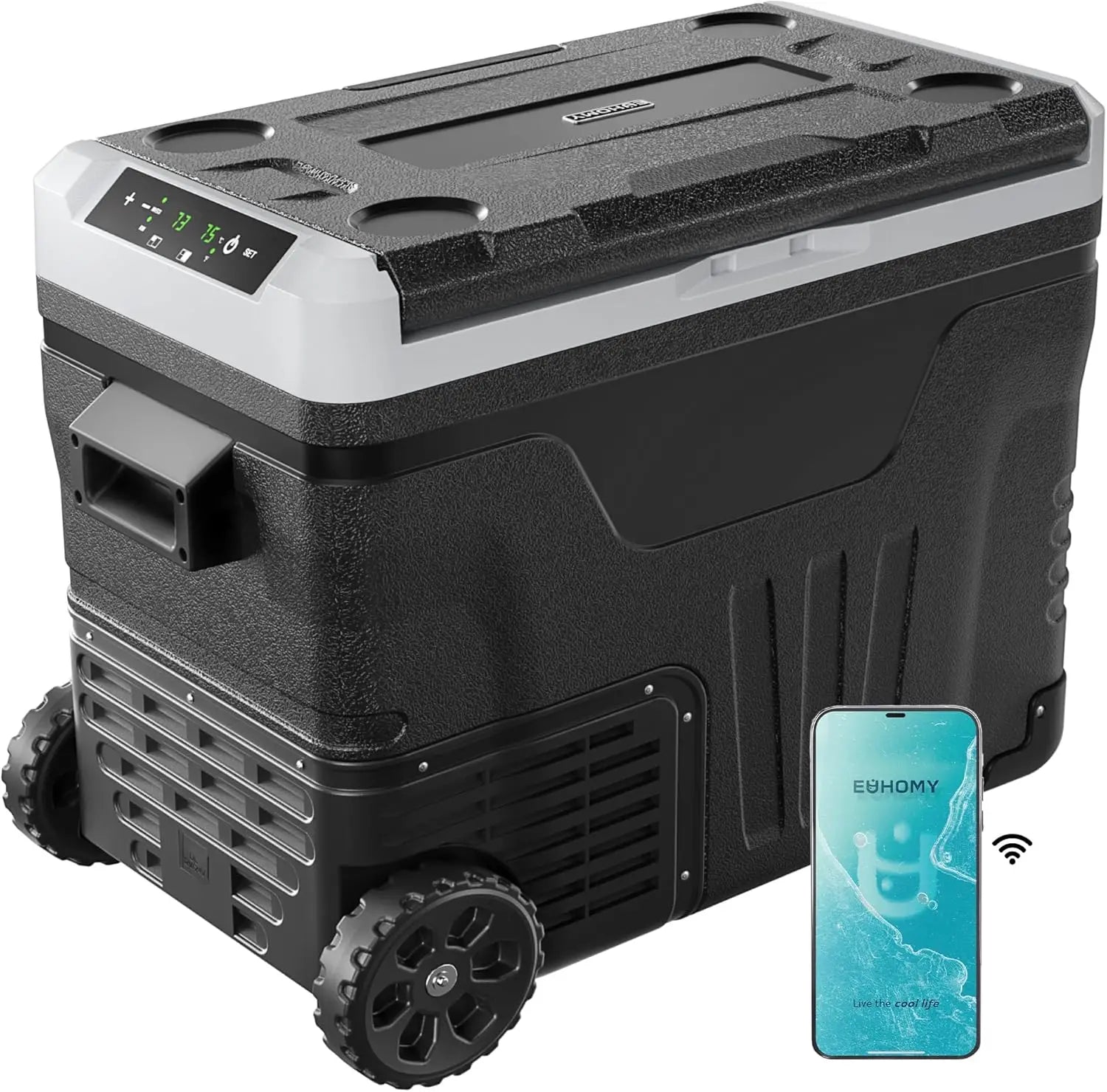 Euhomy Wholesale 45L App Controlled Electric Car Refrigerator Refrigerator Cooler with Wheels & 2 Baskets for Car