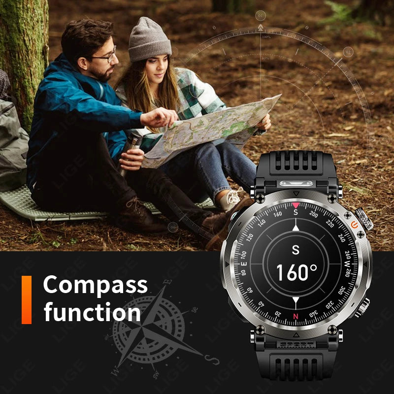LIGE New Outdoor Men‘s Smart Watch 600mAh Battery Compass Watches IP68 Waterproof Bluetooth Call Sports Smartwatch For Men Women