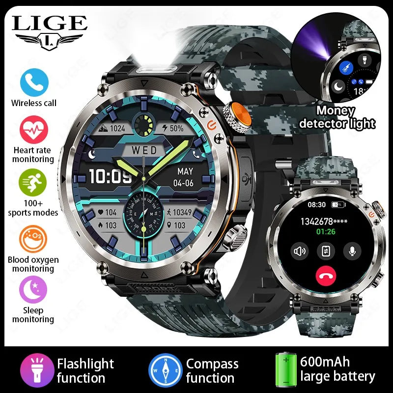 LIGE New Outdoor Men‘s Smart Watch 600mAh Battery Compass Watches IP68 Waterproof Bluetooth Call Sports Smartwatch For Men Women
