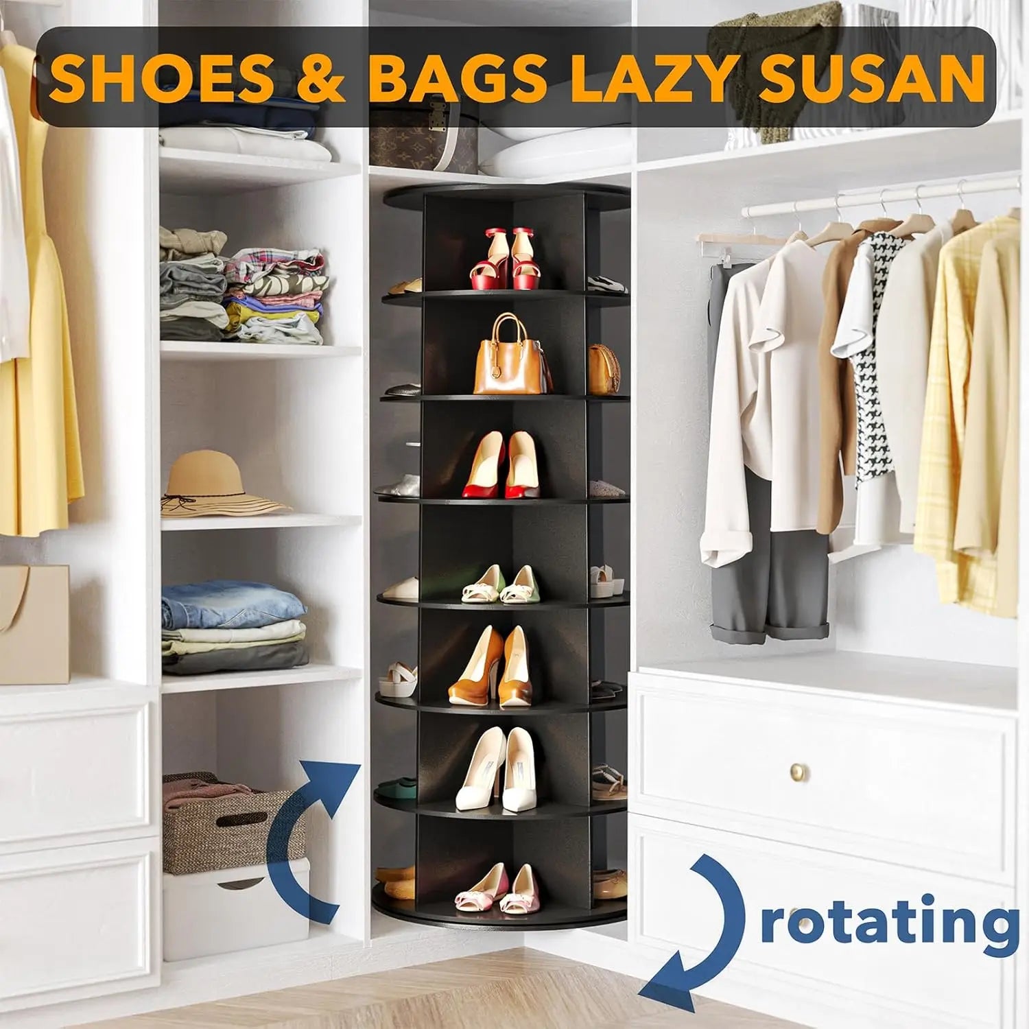 7-Tier Rotating Shoe Rack Tower, 360° Spinning Storage Organizer, Space-Saving Shoe Carousel for Closet, Black