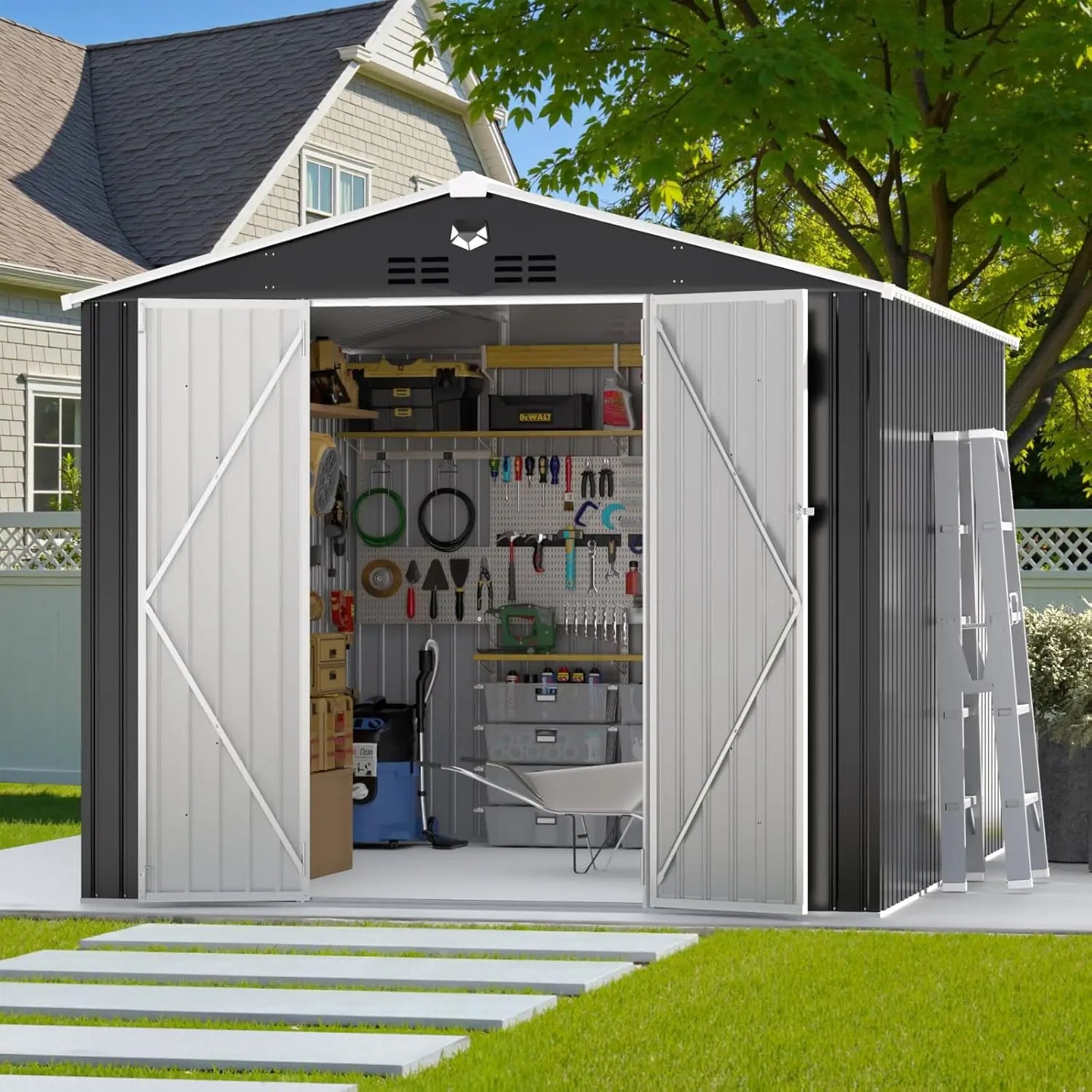 10x12 FT Metal Outdoor Storage Shed Waterproof Garden Tool Shed Lockable Doors Customizable Space Yard Organization