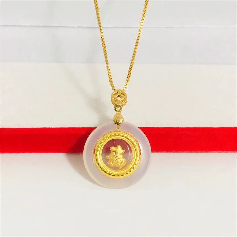Luxury 24K real gold jewelry rotating Fuzi women's au9999 gold inlaid jade box necklace fashion