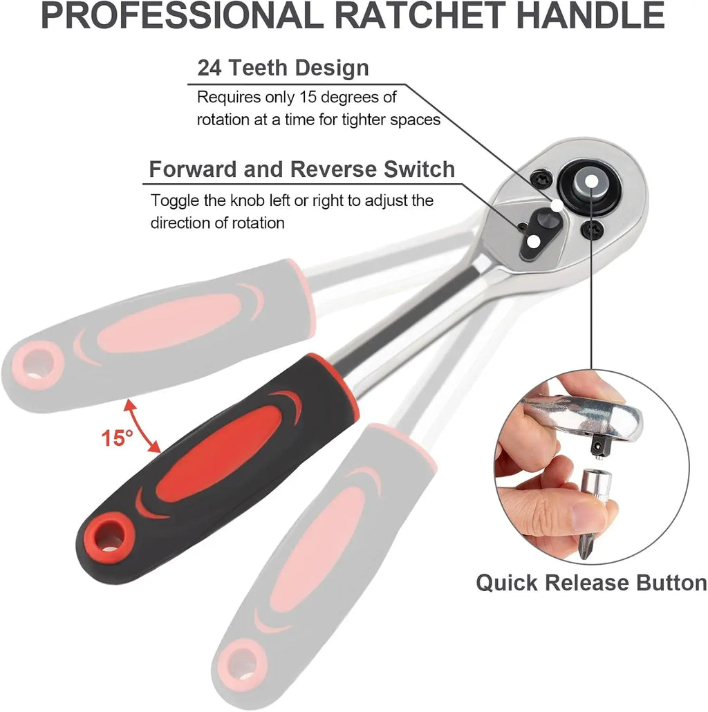 46PCS 1/4 Inch Drive Socket and Ratchet Wrench Set, Small Metric Socket Set with Extension Bar, Compact Tool Kit for Car
